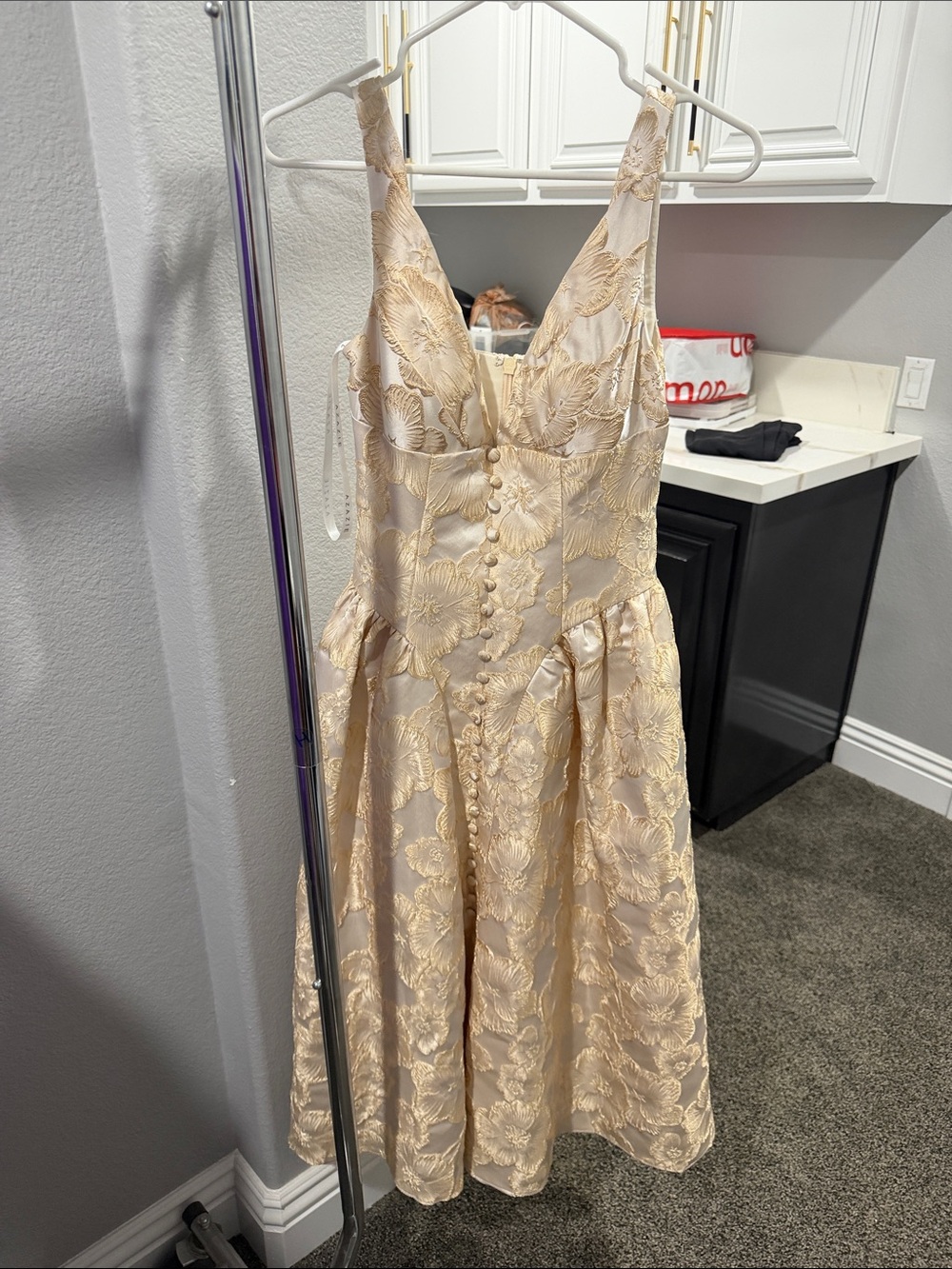 Azazie Champagne Floral Brocade Midi Dress